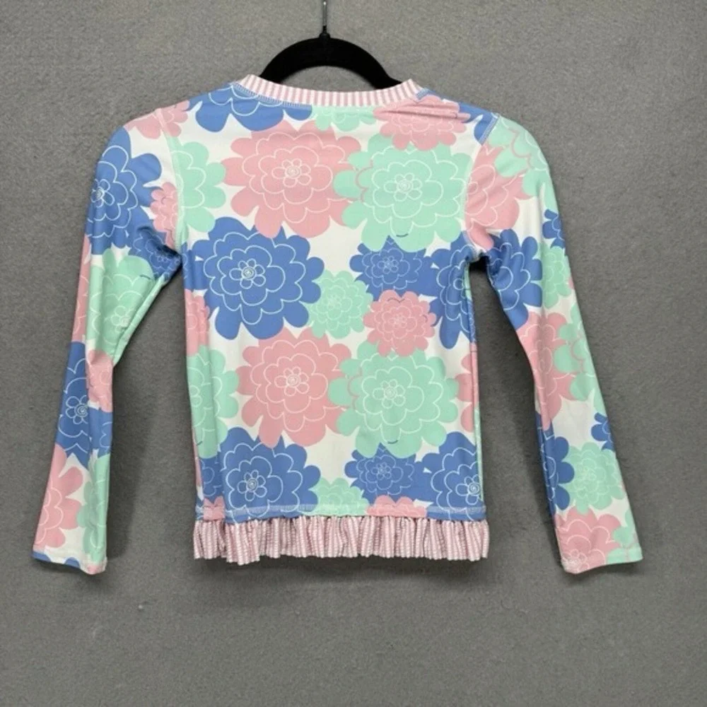 Ruffle Butts Rash Guard Girls‎ Size 7 Seersucker Blue Pink Swim Top Long-Sleeve